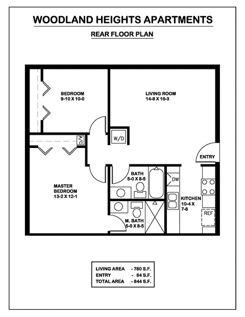 Floor plan for 2 beds, 2 baths, 844 sqft